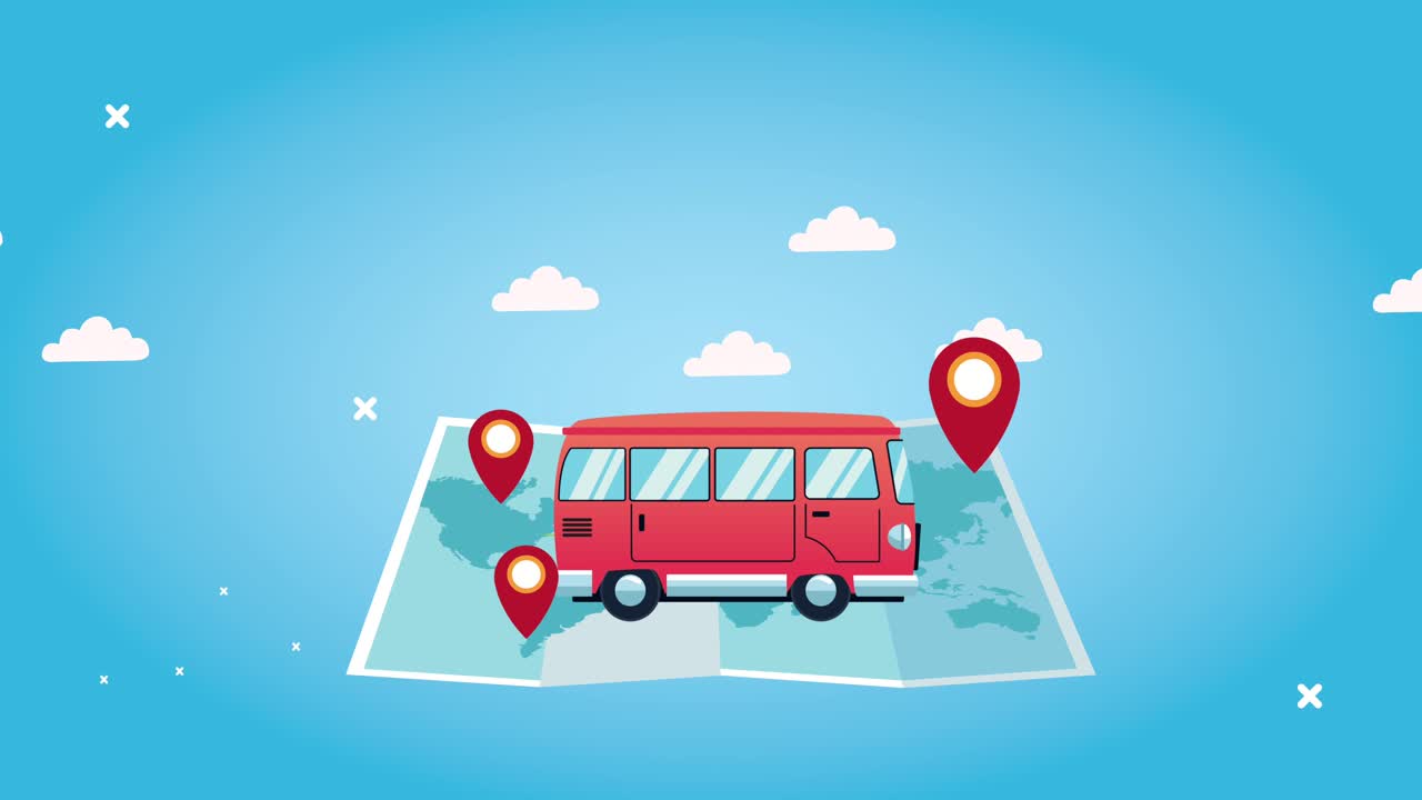 종이 지도와 핀의 위치에서 밴과 함께 세계 관광 애니메이션