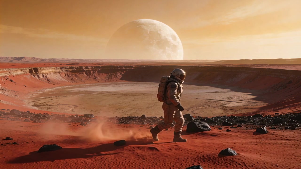Astronauta che cammina lungo il bordo di un cratere, il suo passo solleva regolite rossa, alla ricerca di campioni, spazio per il testo.