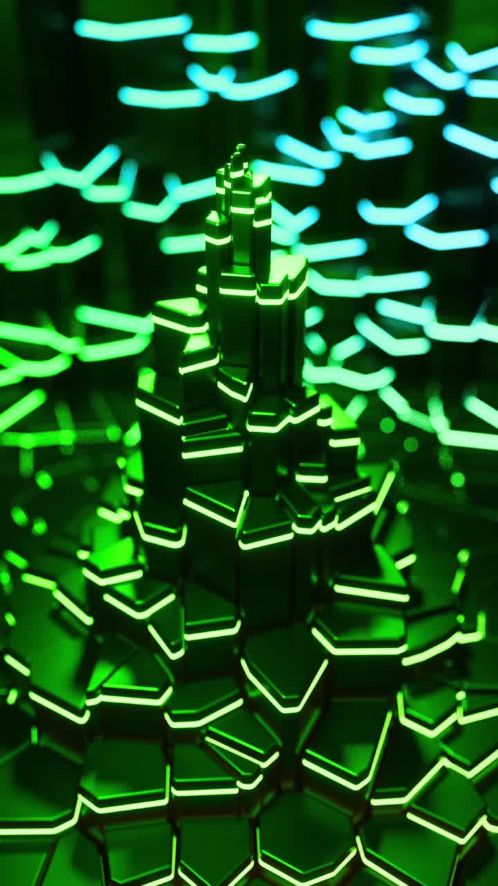 A neon green futuristic tower of hexagons. Vertical looped animation
