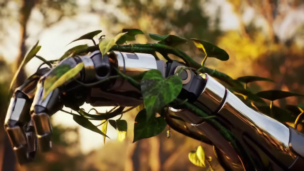 A Futuristic Cyborg Hand Intertwined with Lush Green Vines in a Serene Natural Environment, Blending Technology with Nature's Beauty
