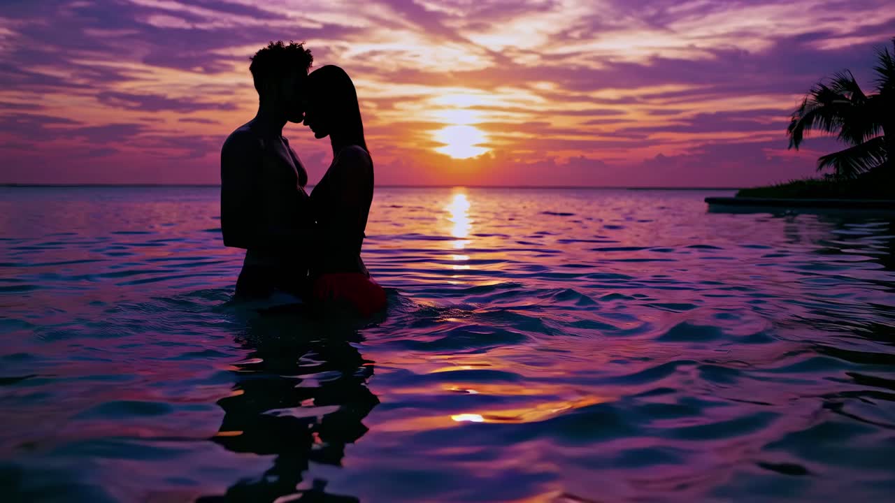 Romantic sunset video scene with a couple embracing in the ocean