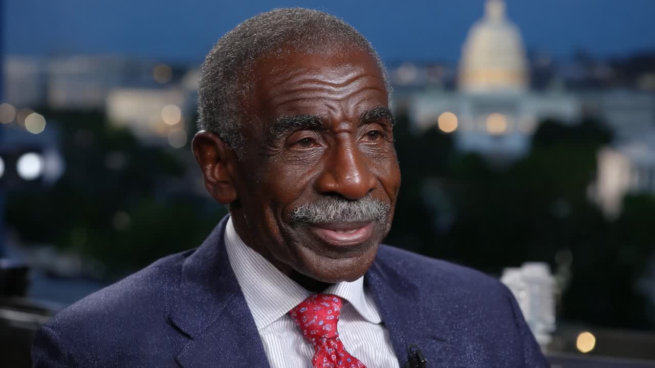 A Thoughtful Conversation: Capturing the Poise and Insight of a Distinguished Individual in a Reflective Moment Against a Cityscape Background