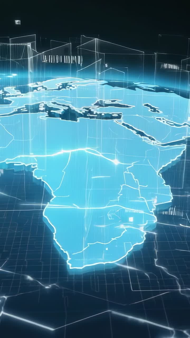 Vertical video: Emerging hologram map extending over Africa and Europe on dark void, pulsing nodes