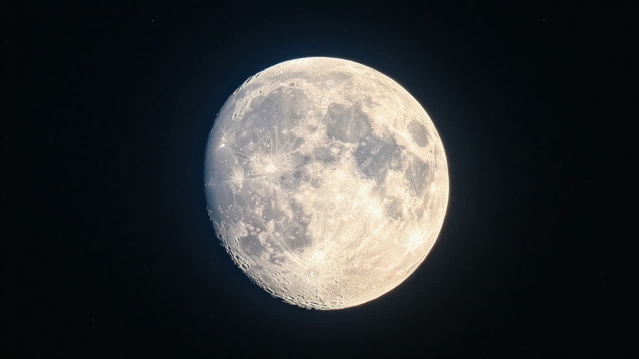 A high-resolution video still of the moon in a close-up shot, showcasing its craters and texture