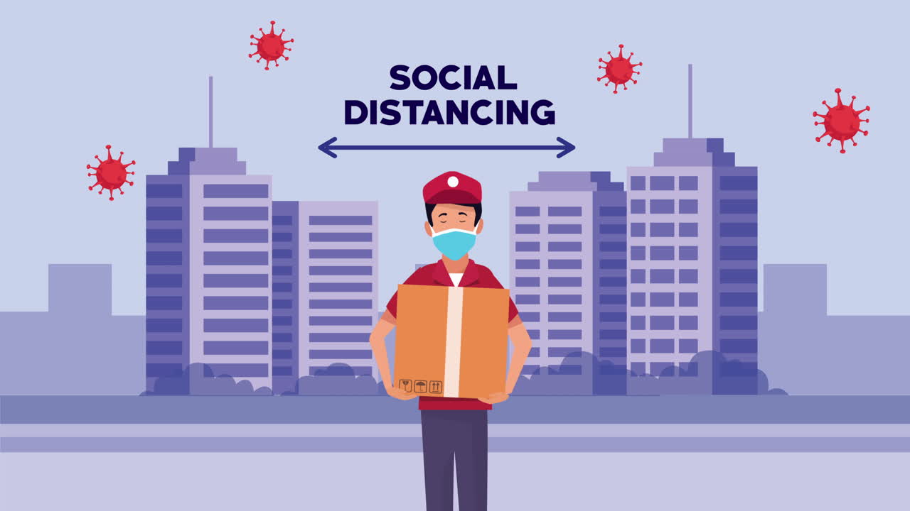 social distancing campaign with delivery worker on the city