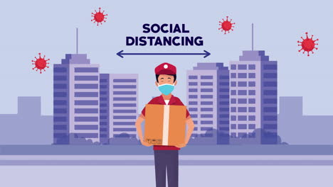 social distancing campaign with delivery worker on the city