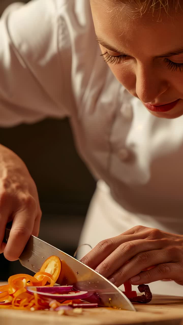 Vertical video: Camera start, chef in jacket slicing pepper and onion with knife on board prepping