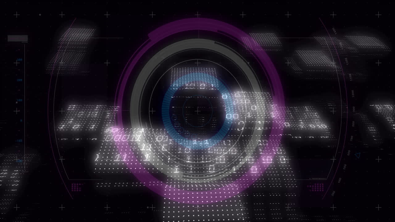 Animation of digital interface showing circular patterns and binary code in design