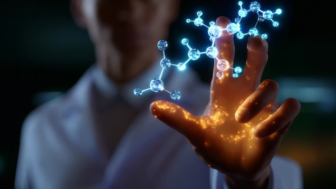 A scientist uses advanced technology to manipulate glowing molecular structures, showcasing the intersection of science and innovation through a stunning visual representation of molecular chemistry