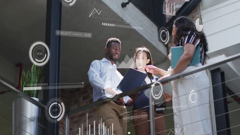 animation of graphs, loading circles, bars, low angle view of diverse coworkers discussing reports
