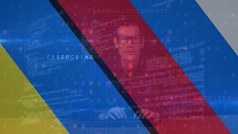 animation of caucasian male hacker and data processing over flag of ukraine and russia