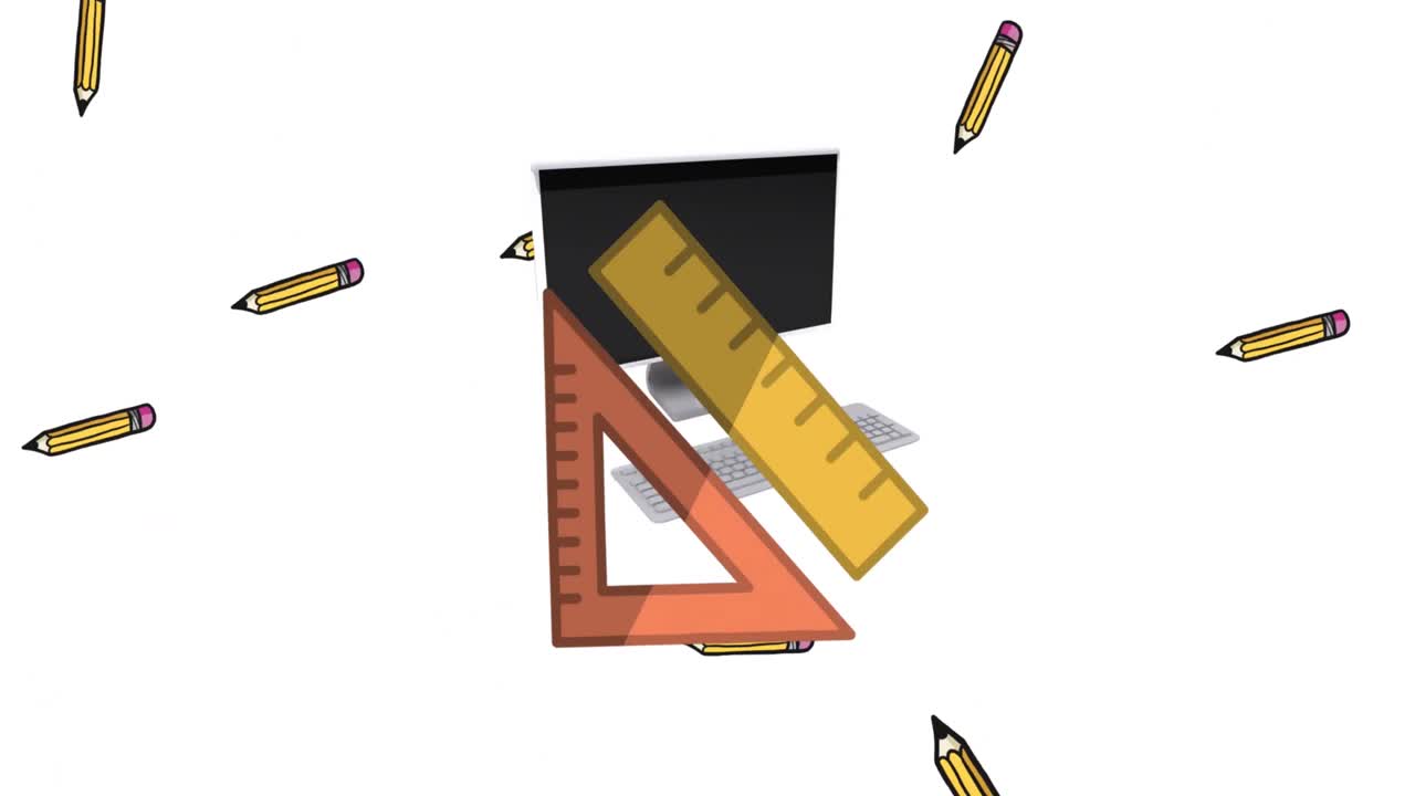 animación de los iconos de los artículos escolares que se mueven sobre un fondo blanco