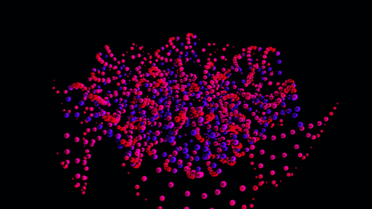 pequeños círculos abstractos de color rosa y azul que se extienden por toda la pantalla, bucle sin costuras. animación. increíbles filas onduladas de pequeñas partículas