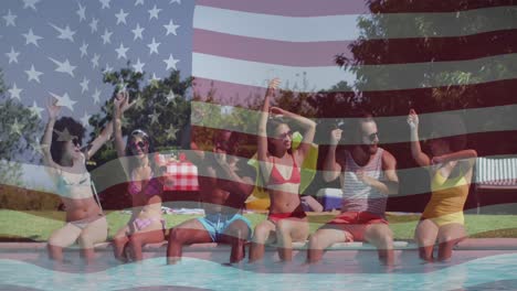 Animation-of-american-flag-over-diverse-friends-at-pool-party
