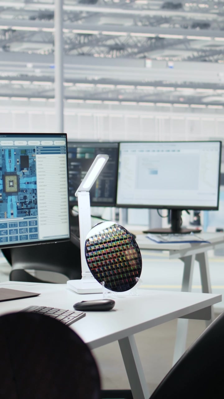 Vertical video Microchip factory research office with workstations used to inspect processor