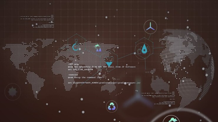 Animation of icons, computer language, globe and map over gray background