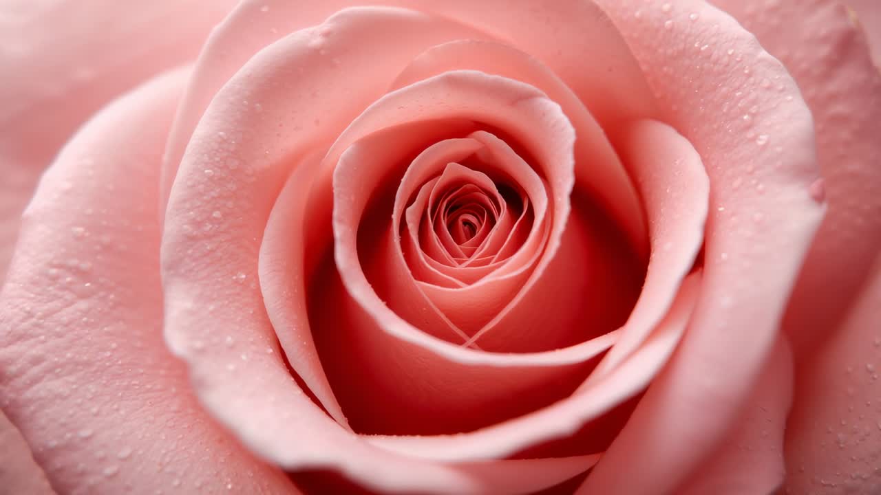 Allontanamento della camera che rivela la fioritura di una singola rosa rosa in studio, che mostra petali e goccioline a strati