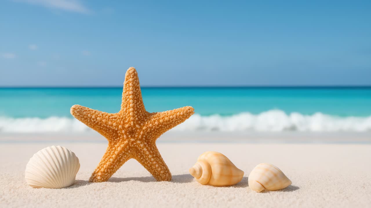 Low-angle video of seashells and a starfish on a sandy beach, with turquoise waves and a clear blue