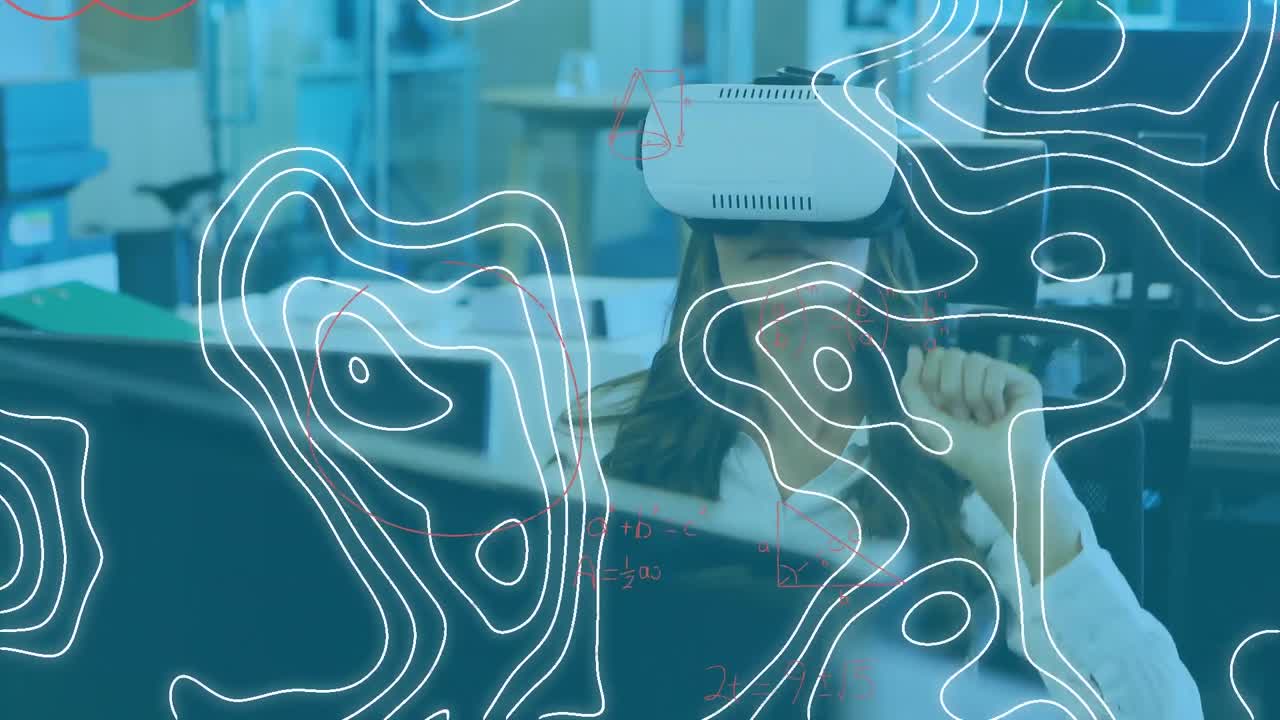 animación de líneas mapa fórmulas matemáticas sobre mujer de negocios usando auriculares vr