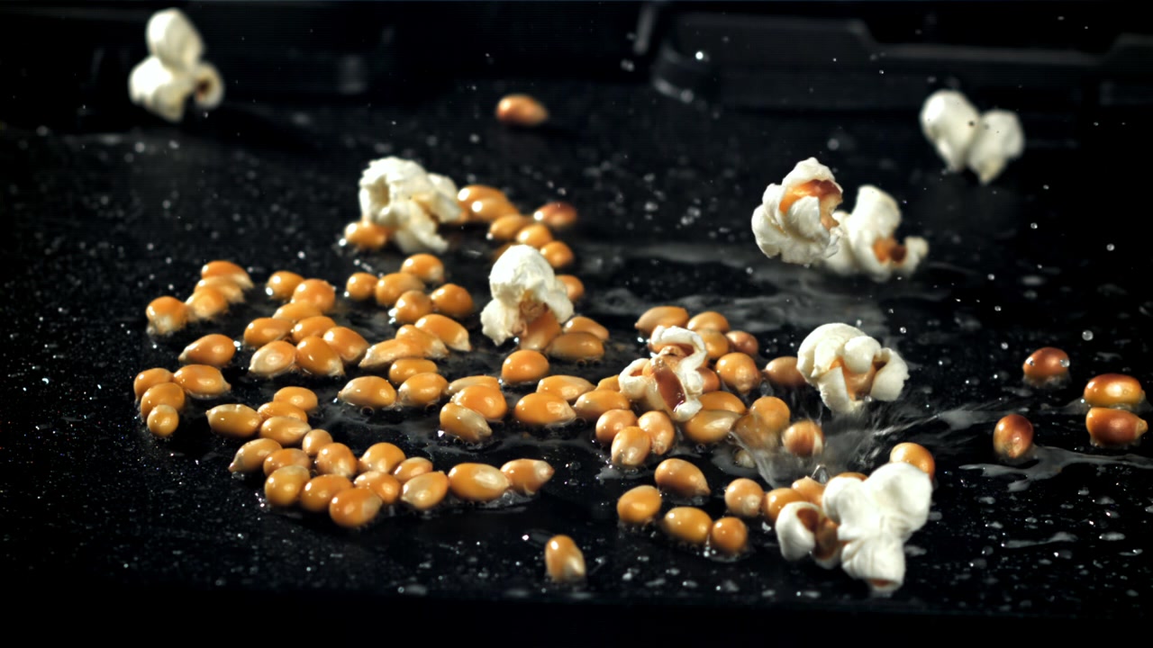Popcorn Kernels Popping in Slow Motion with Splashing Liquid