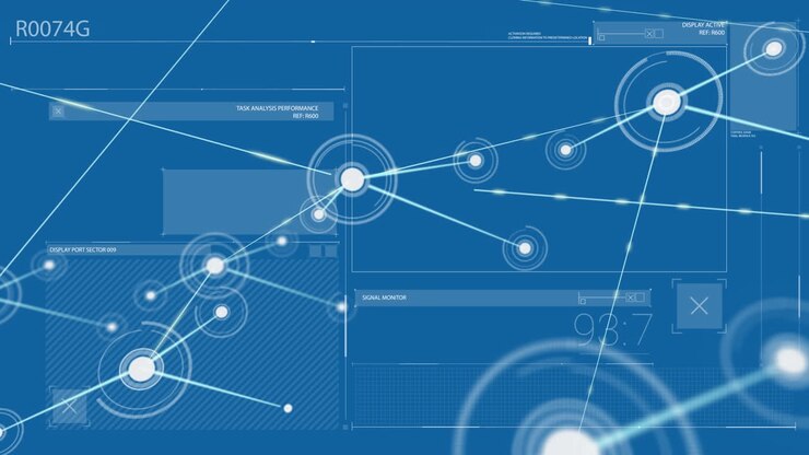 Animation of network of connections with icons over data processing