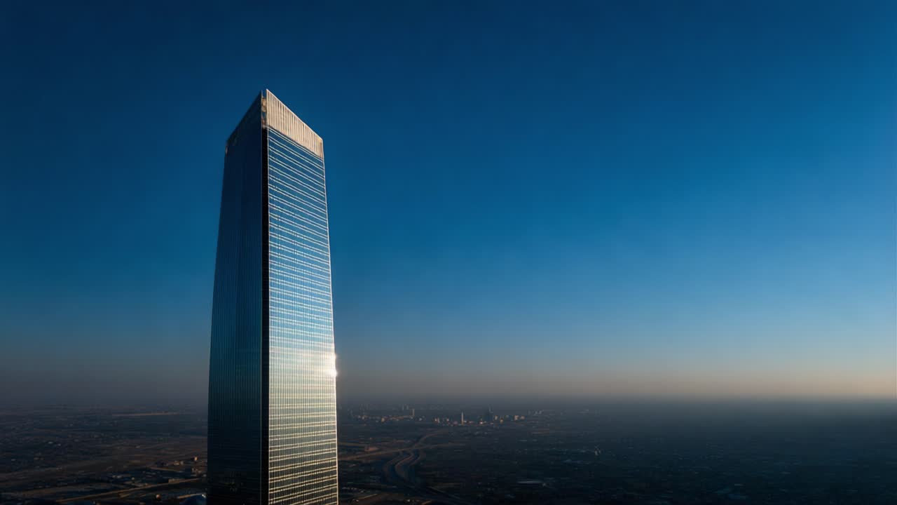 Un maestoso grattacielo che si erge imponente contro il vasto cielo al crepuscolo, catturando splendidi riflessi e mettendo in risalto l'architettura urbana in una vista panoramica.