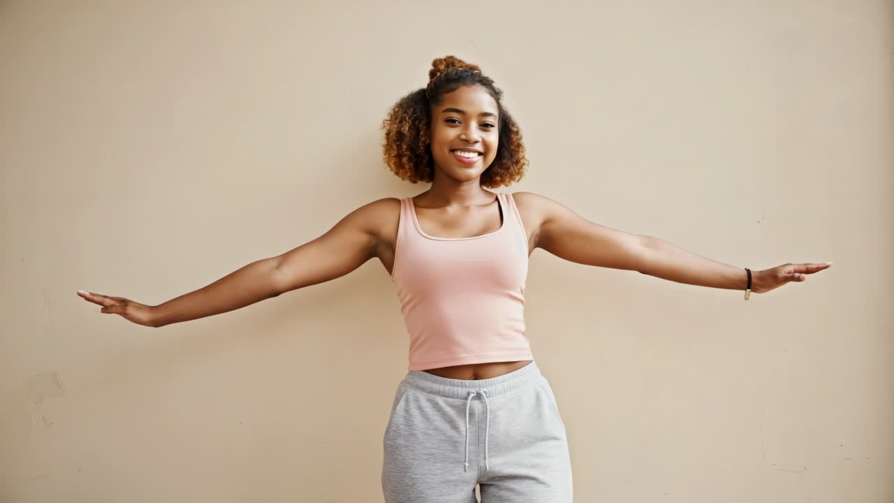 Fitness professional stretching arms wide, demonstrating correct alignment during warm up movement with neutral background highlighting precise body positioning