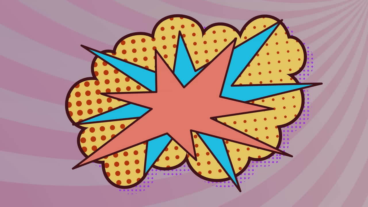 animación de una burbuja de habla retro sobre una nube amarilla con puntos y rayas púrpuras