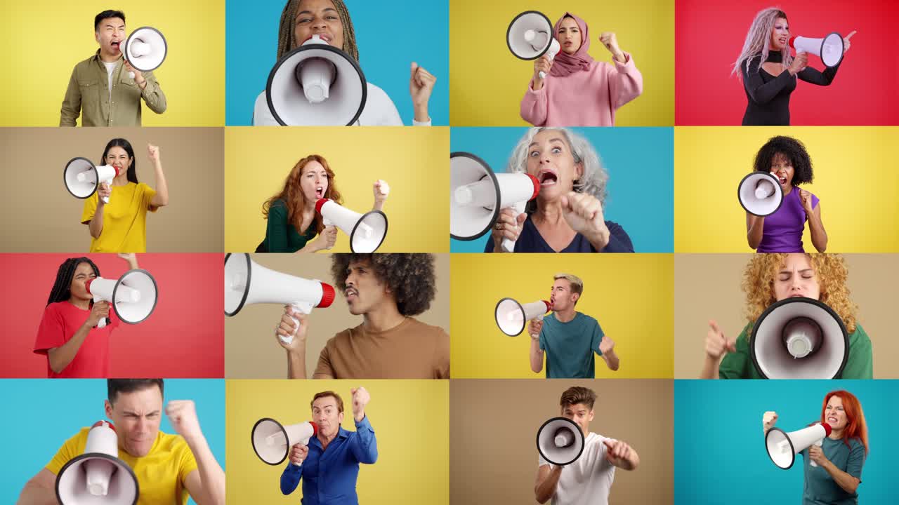 Gruppo eterogeneo di persone che protestano con megafoni