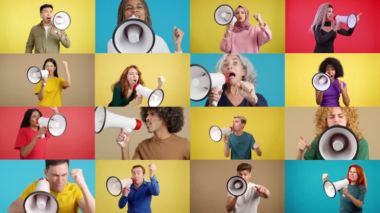 Diverse Group of People Protesting with Megaphones