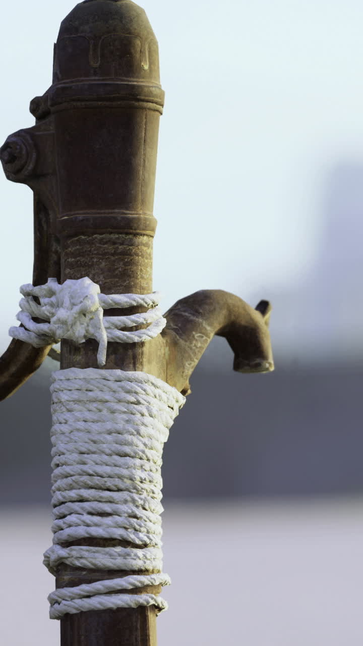 Old water pump stands resiliently against the backdrop of fading cityscapes
