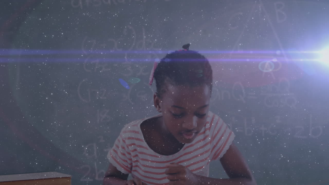 Animation of biracial schoolgirl reading a book during lesson at school