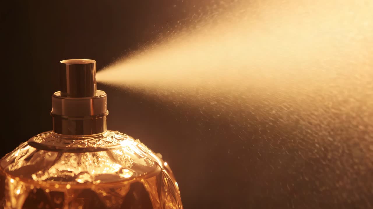 Perfume spraying from a gold bottle
