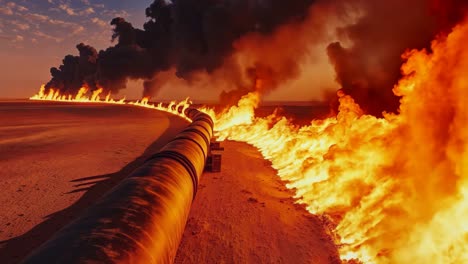 a large pipe in the middle of a desert with flames coming out of it