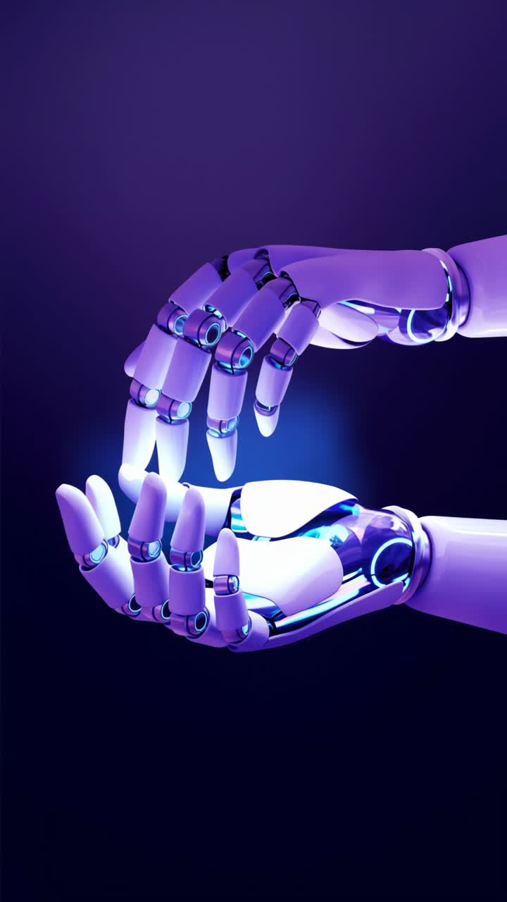 Futuristic robotic hands in a close-up, angled against a dark background