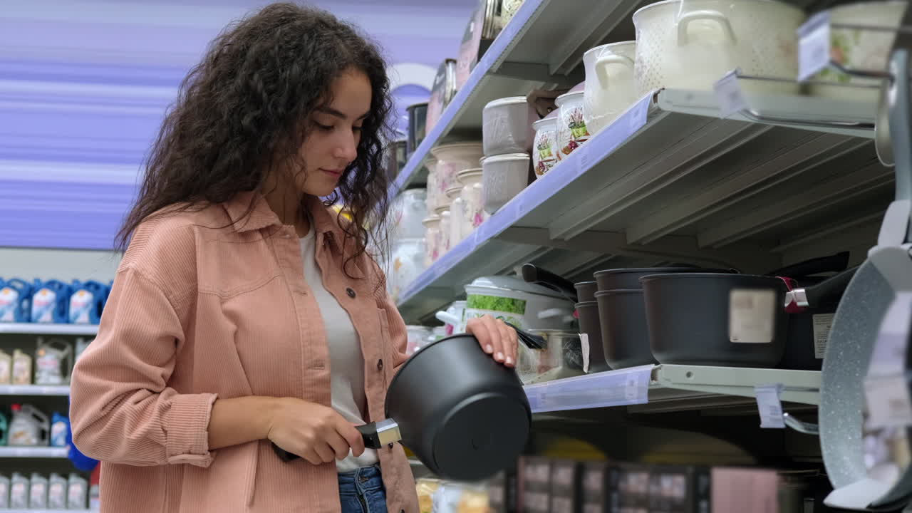 mujer comprando utensilios de cocina en un supermercado