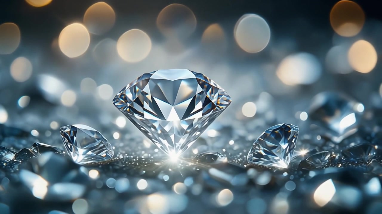 Sparkling Diamonds on a Reflective Surface with Bokeh Background