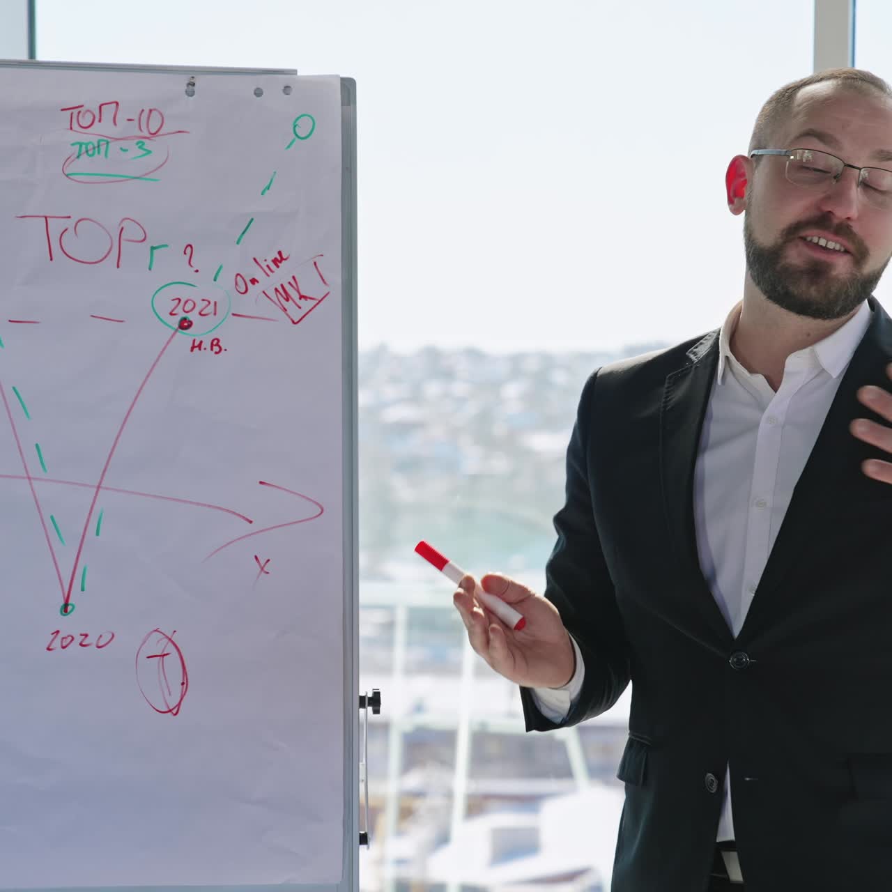 Emotional presentation with the help of chart in front of colleagues. Man in suit speaks and gestures actively. Panoramic windows and cityscape at the backdrop