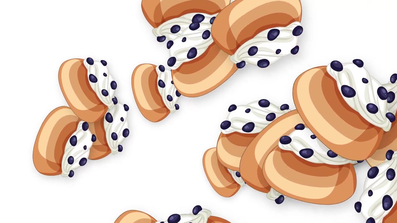 Motivo animato di dolci ripieni di crema con mirtilli.