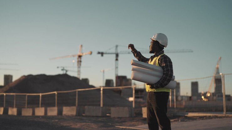 Construction Engineer Holding Blueprints at Building Site