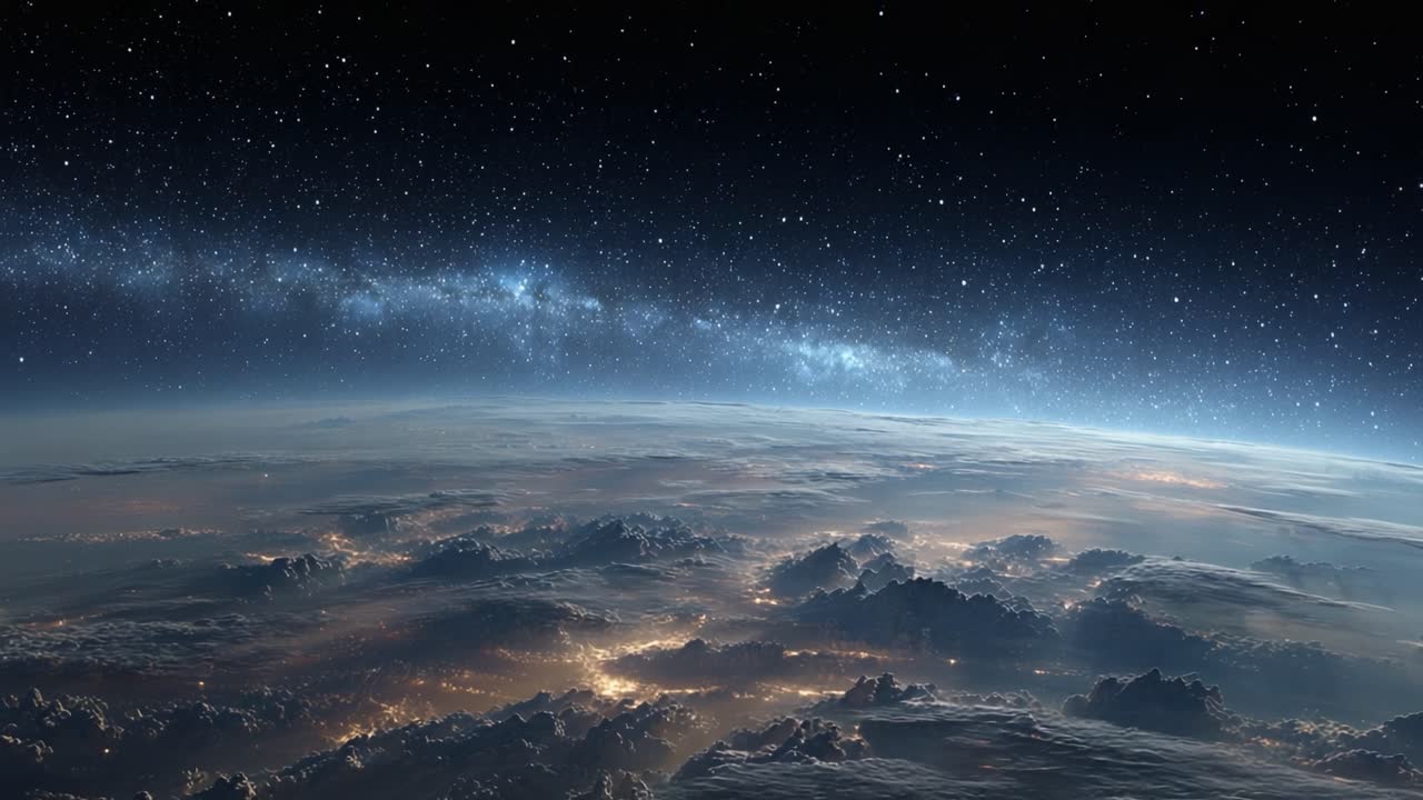 Una vista mozzafiato della Terra dallo spazio, che cattura la bellezza dell'atmosfera e dell'ambiente cosmico sotto un cielo stellato da due prospettive uniche.