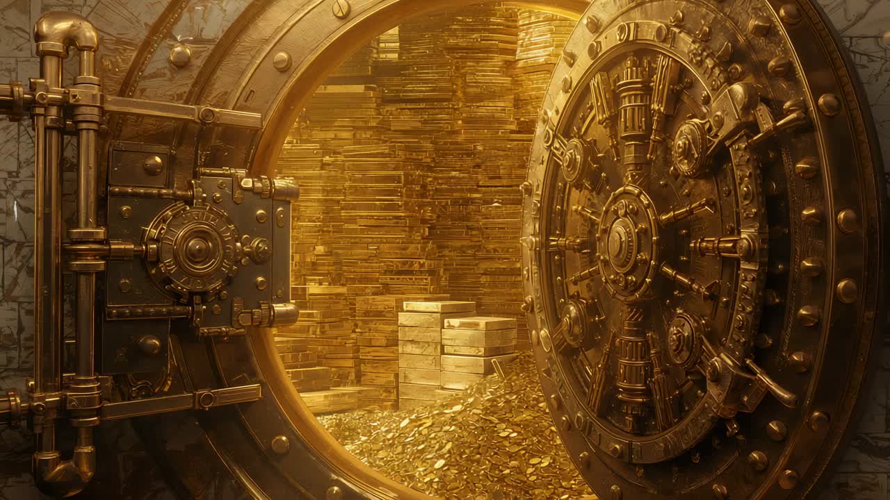 Turning locking wheel, vault door rotating outward in vault chamber, revealing coins bars crates