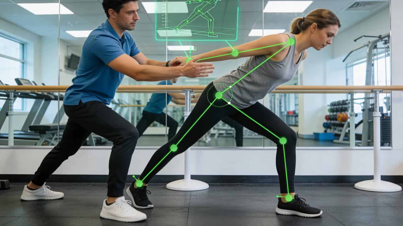 Video vertical: Entrenador indicando a un cliente en el gimnasio, con top y leggings, haciendo estocadas hacia adelante para la técnica, superposición.