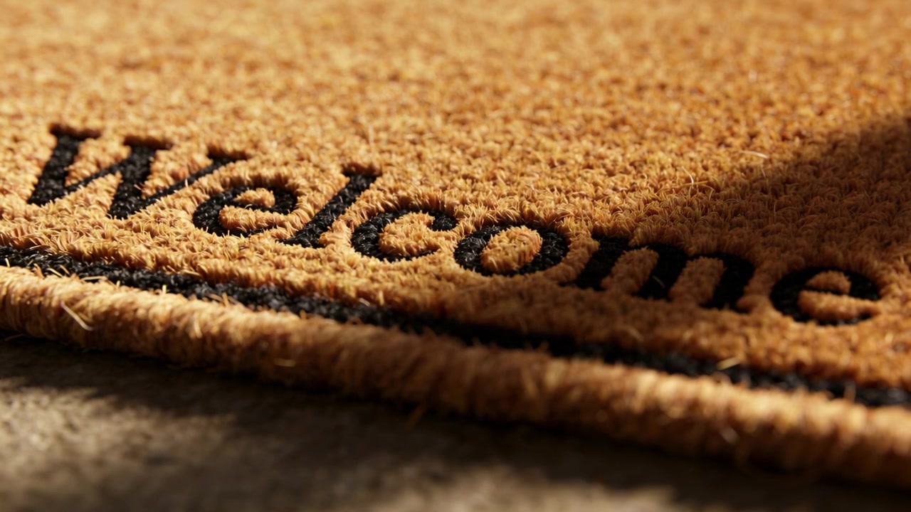 Revealing tan coir doormat with Welcome at door, camera shifting angle, shadow crossing letters