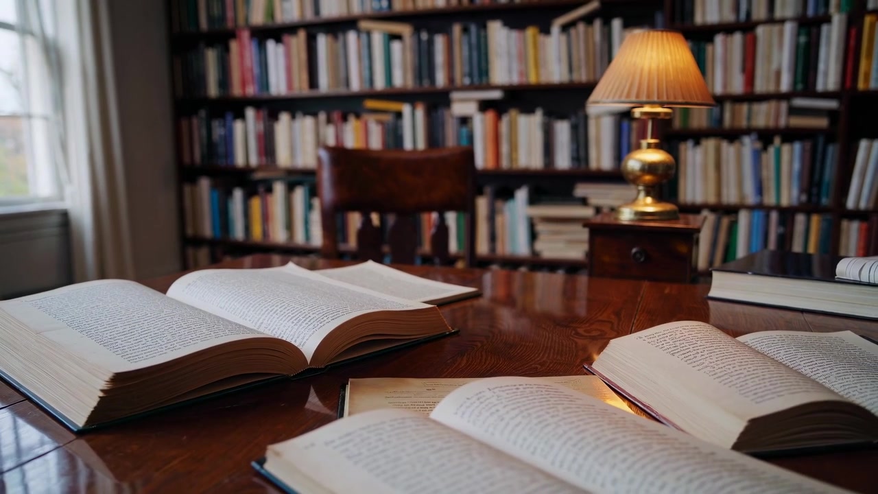 Libri aperti su una scrivania in legno in una classica biblioteca domestica