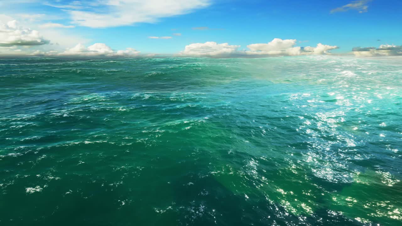 푸른 푸른 바다의 환상적인 장면은 부드럽고 파도 같은 구름으로 장식된 놀라운 하늘과 완벽하게 융합됩니다.