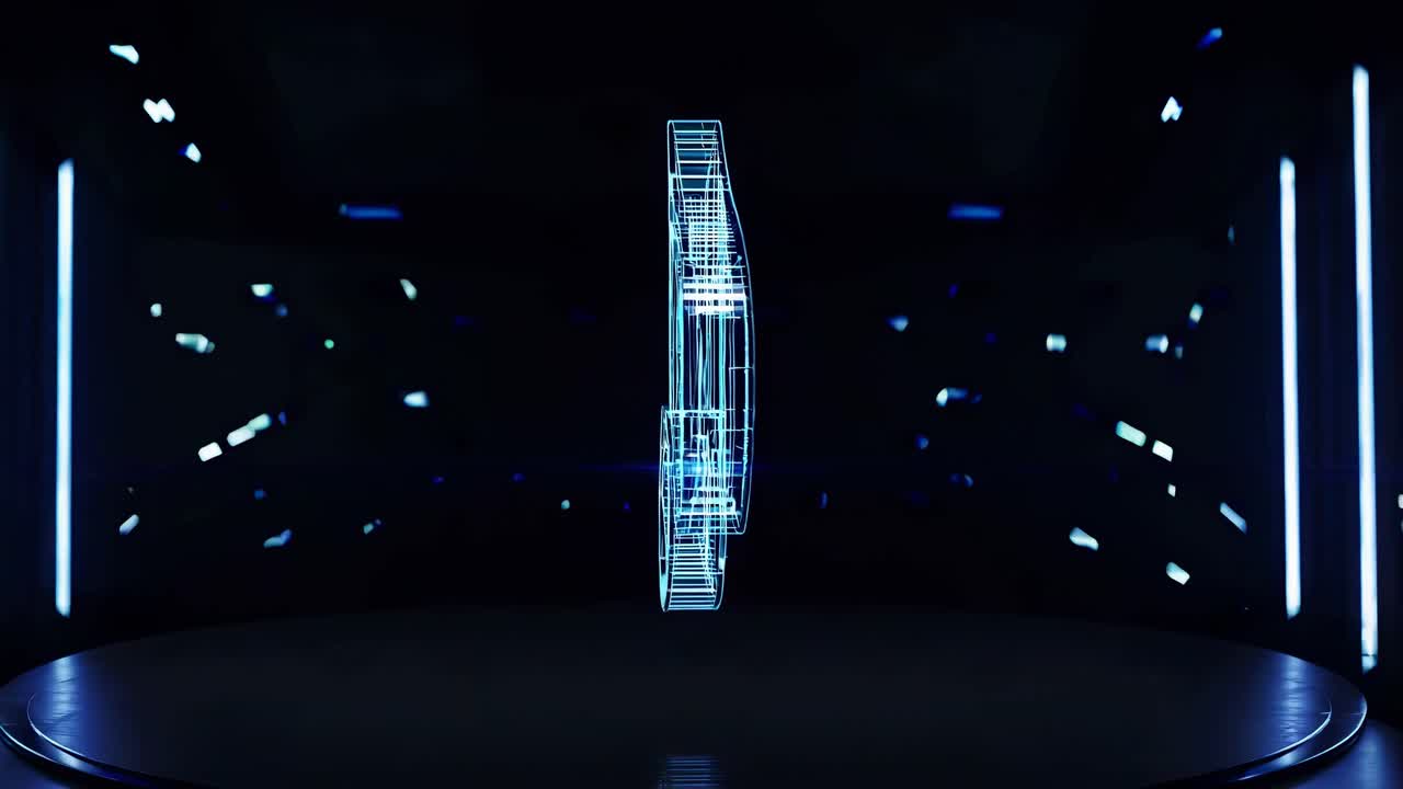 Futuristic video showcasing a rotating 3D wireframe structure in a dark, neon-lit environment