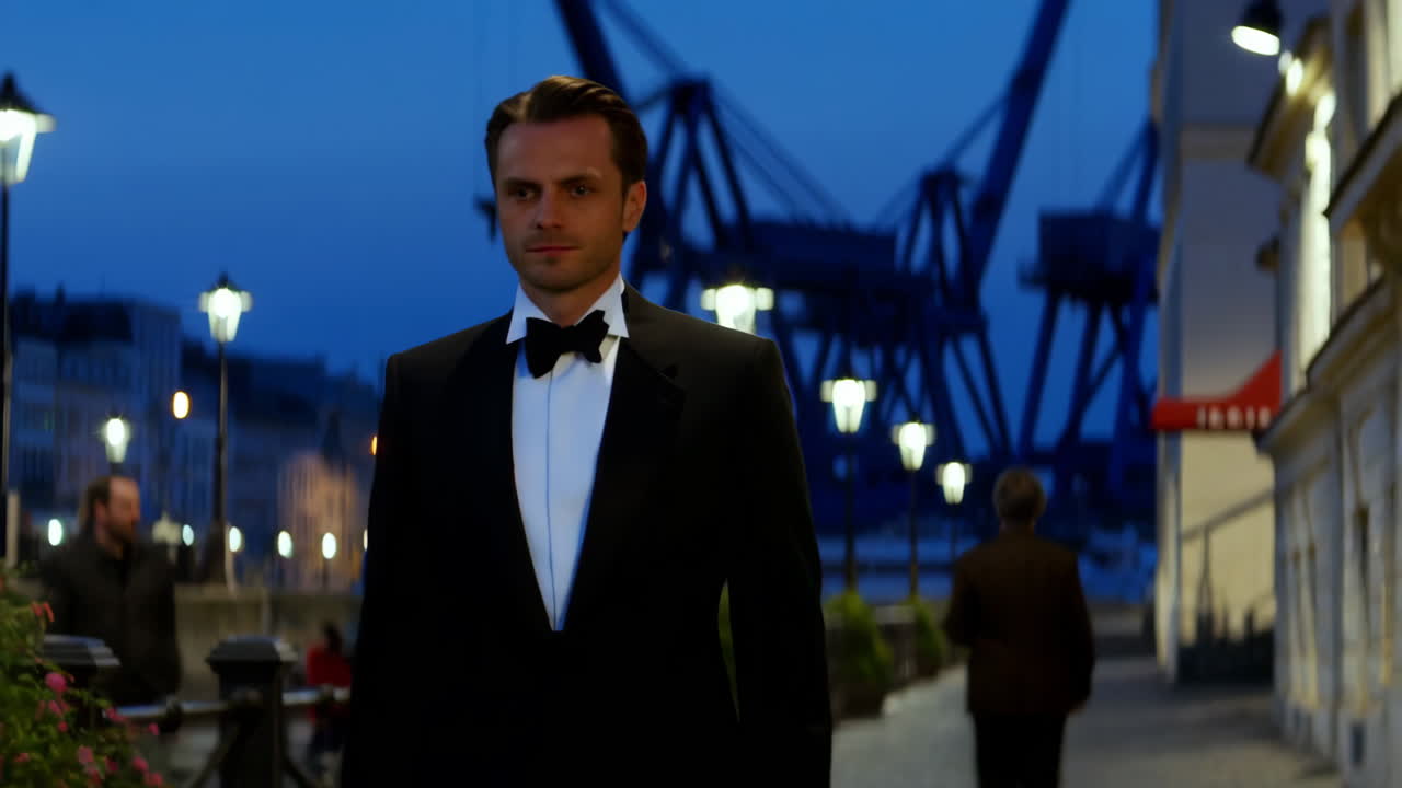 Elegant man in a tuxedo at night in a harbor city