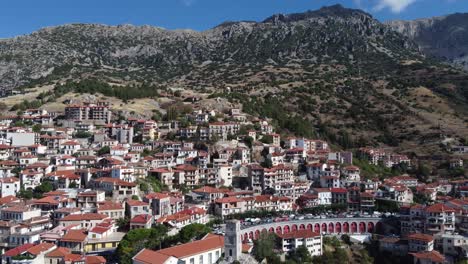 aerial approach to the greek town of aranchova, in the vicinity of delphos. ski resort.
