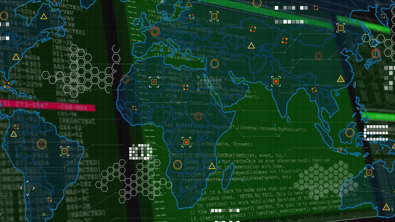 Animation of data processing on digital world map with network connections